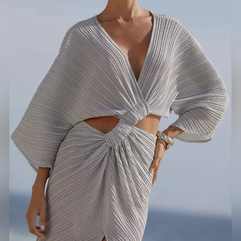 SUBOO Stevie Pleated Cross-Over Maxi Dress w Mini Shorts, Shimmer Gray, Medium